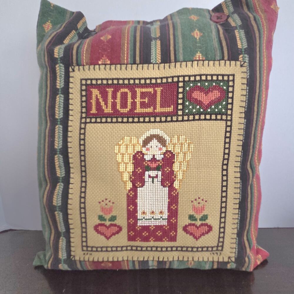 Vintage 1993 Astor Place Noel Angel Counted Cross Stitch Pillow Christmas 12x11